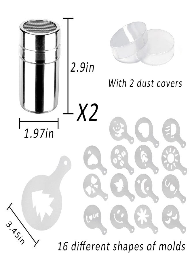 Mauts-inus 2 Pack Chocolate Shaker Powdered Sugar Shaker Duster 16 Coffee templates Set for Cream,Powdered Sugar,Cocoa,Cappuccino,for Kitchen,Drinks,Baking (18) - Image 2